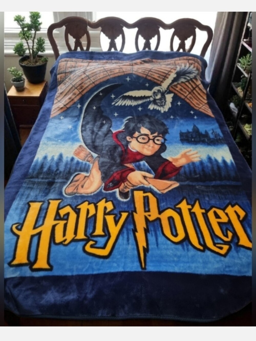 Vintage 2000s Y2K Harry Potter Hedwig Blue and Yellow Fleece Plush Throw Blanket